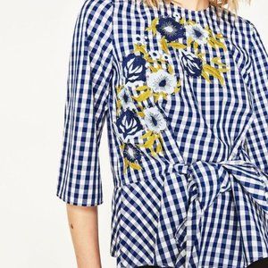 Zara Embroidered Flowers Gingham Plaid Peplum Tie Front Blouse